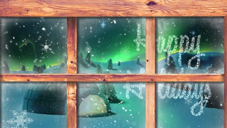 Animación-De-Nieve-Cayendo-Y-Saludos-Navideños,-Iglú-Y-Aurora-Boreal-Vistas-A-Través-De-La-Ventana