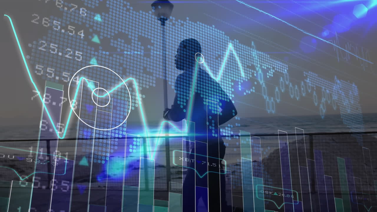 mercado de valores y procesamiento de datos estadísticos sobre el mapa del mundo contra el hombre afroamericano corriendo