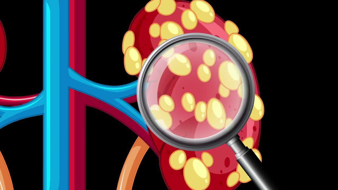 Animation illustrates the progressive development of kidney cancer, highlighting tumor growth and close examination with a magnifying glass on a black background
