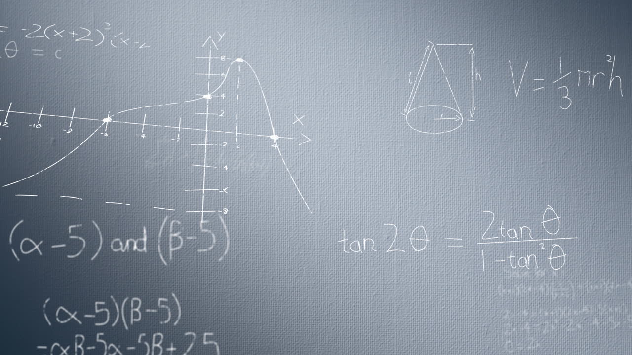 animación de ecuaciones matemáticas y diagramas contra un fondo azul.
