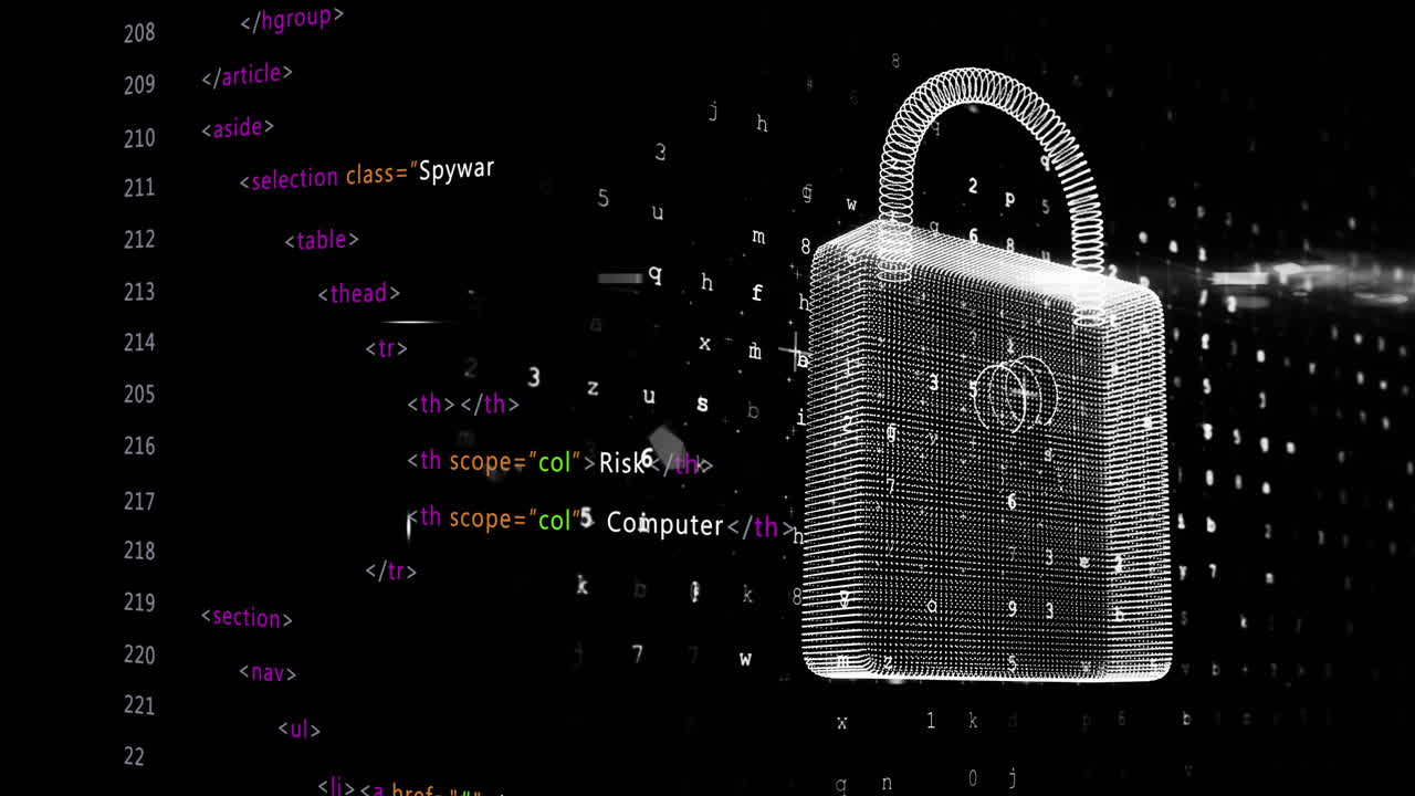 animazione del lucchetto sopra l'elaborazione dei dati su sfondo nero