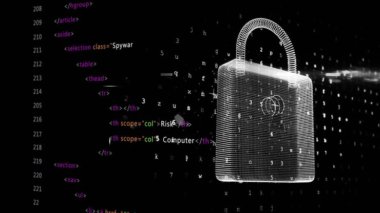 Animation of padlock over data processing on black background