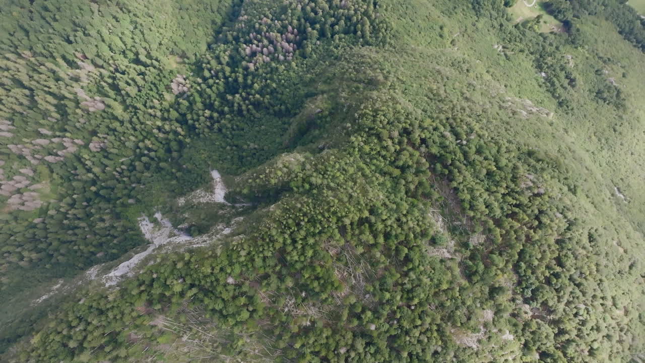 Aerial footage that is high above Lake Molveno and pointed down to reveal the bright blue color of the water in northern Italy.