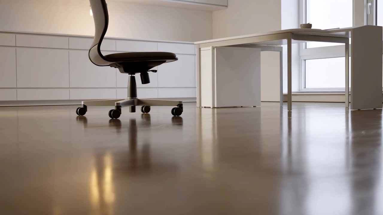 Minimalist office corner with black ergonomic swivel chair, white metal desk, caster wheels, hardwood floor, daylight from window, and warm reflections shifting softly across calm contemporary
