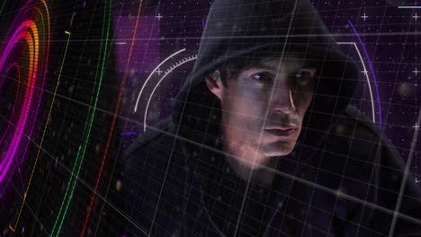 la animación de las formas de neón sobre el hacker caucásico masculino.