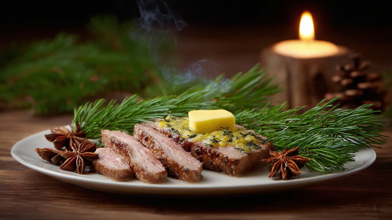 Deliciously Presented Sliced Roast Beef with Butter and Herbs, Surrounded by Pine Needles, Star Anise, and a Warm Candle Glow Creating a Cozy Dining Atmosphere