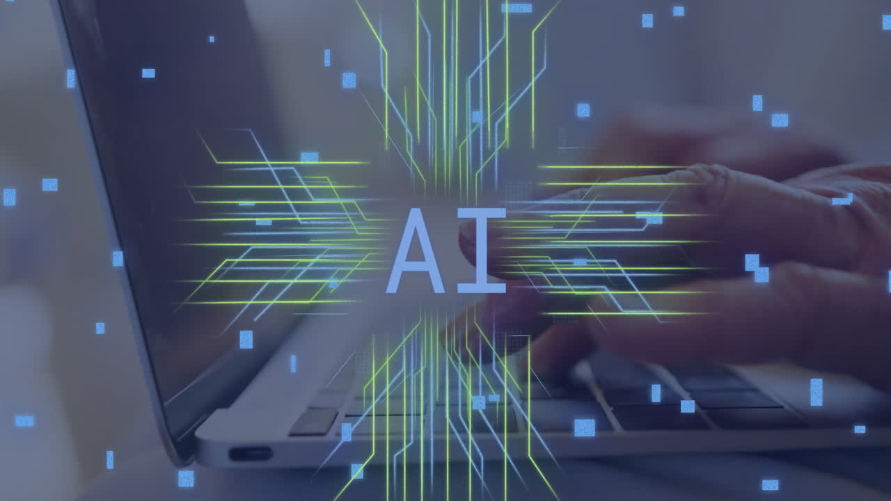 Animation of ai text, circuit board with data processing over caucasian woman using laptop