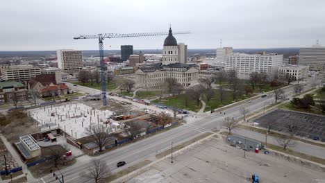 kansas state capitol building in topeka, kansas with drone video moving angled wide shot