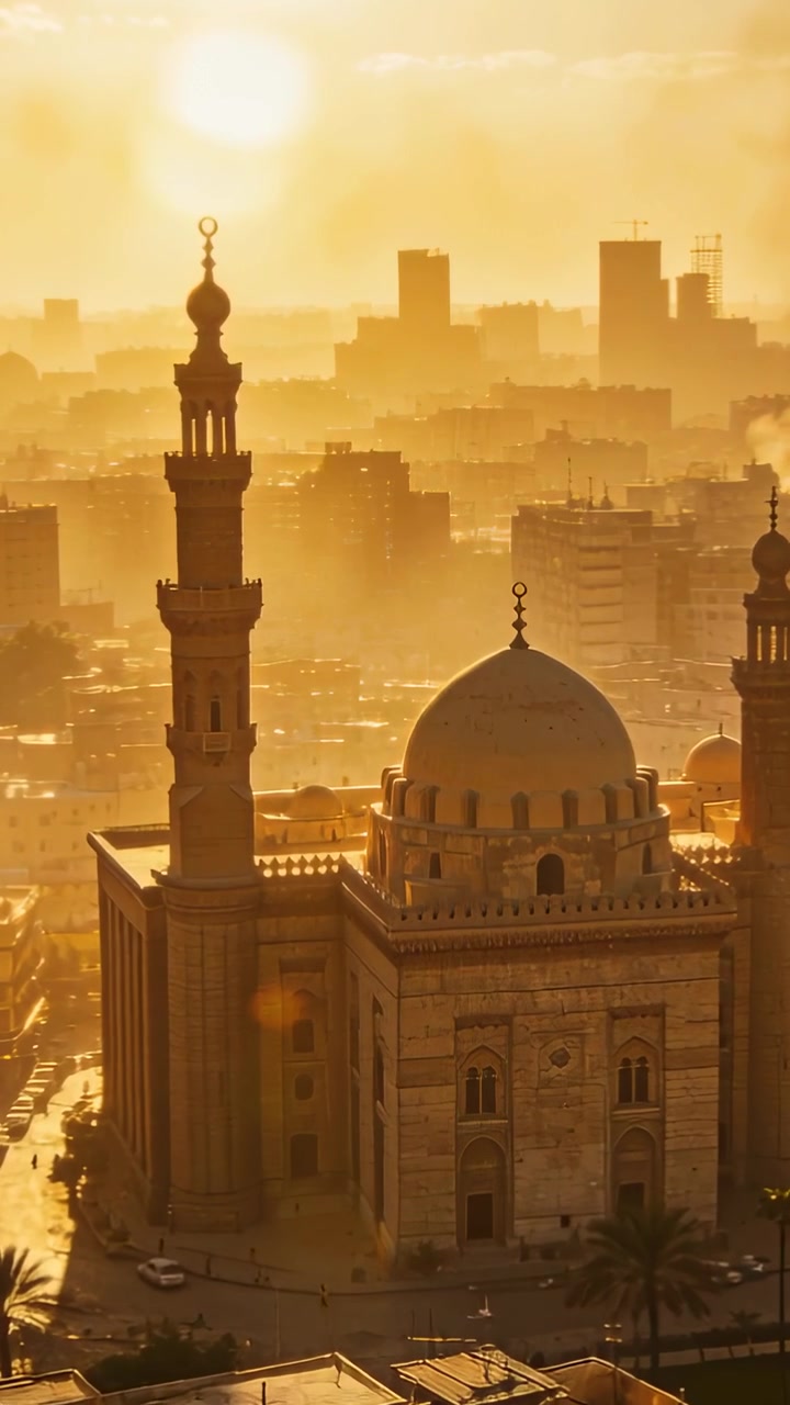 Video verticale: Telecamera che si inclina e zooma verso una moschea e i minareti da un tetto all'alba, mostrando la foschia