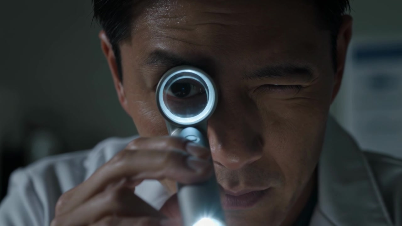 Raising midlife Asian doctor in white coat activating lit scope and examining camera at clinic