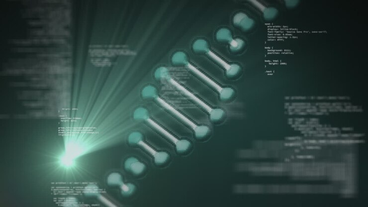 Animation of dna, data processing and light over dark background