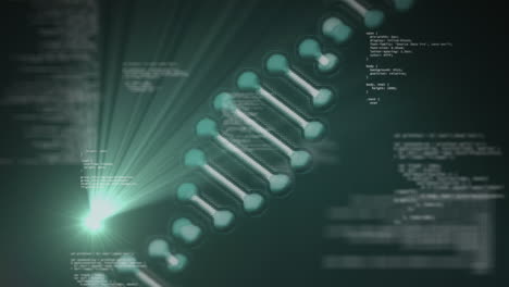 Animation of dna, data processing and light over dark background