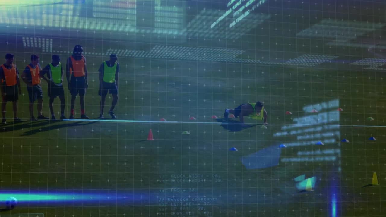 스포츠 경기장에서 푸시업 운동을 하는 백인 남성 축구 선수에 대한 데이터 처리