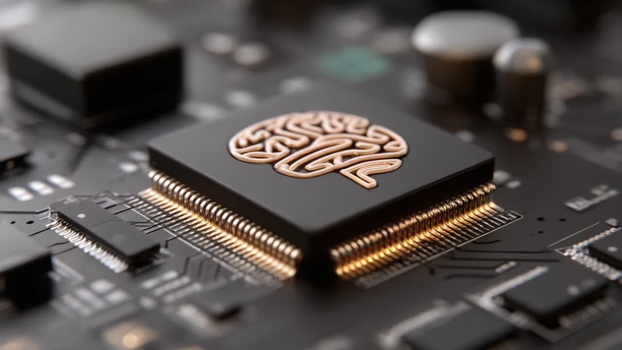 Intricate Close-Up of a Microprocessor Featuring a Stylized Brain Design, Showcasing Advanced Technology and Circuitry in an Innovations Landscape