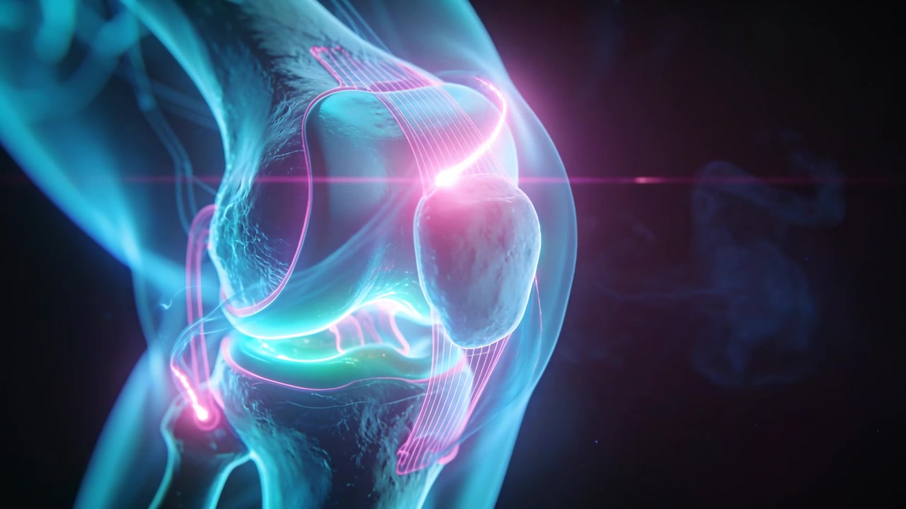 Showing magenta glows starting on right knee signaling patella tendon in studio orb traveling