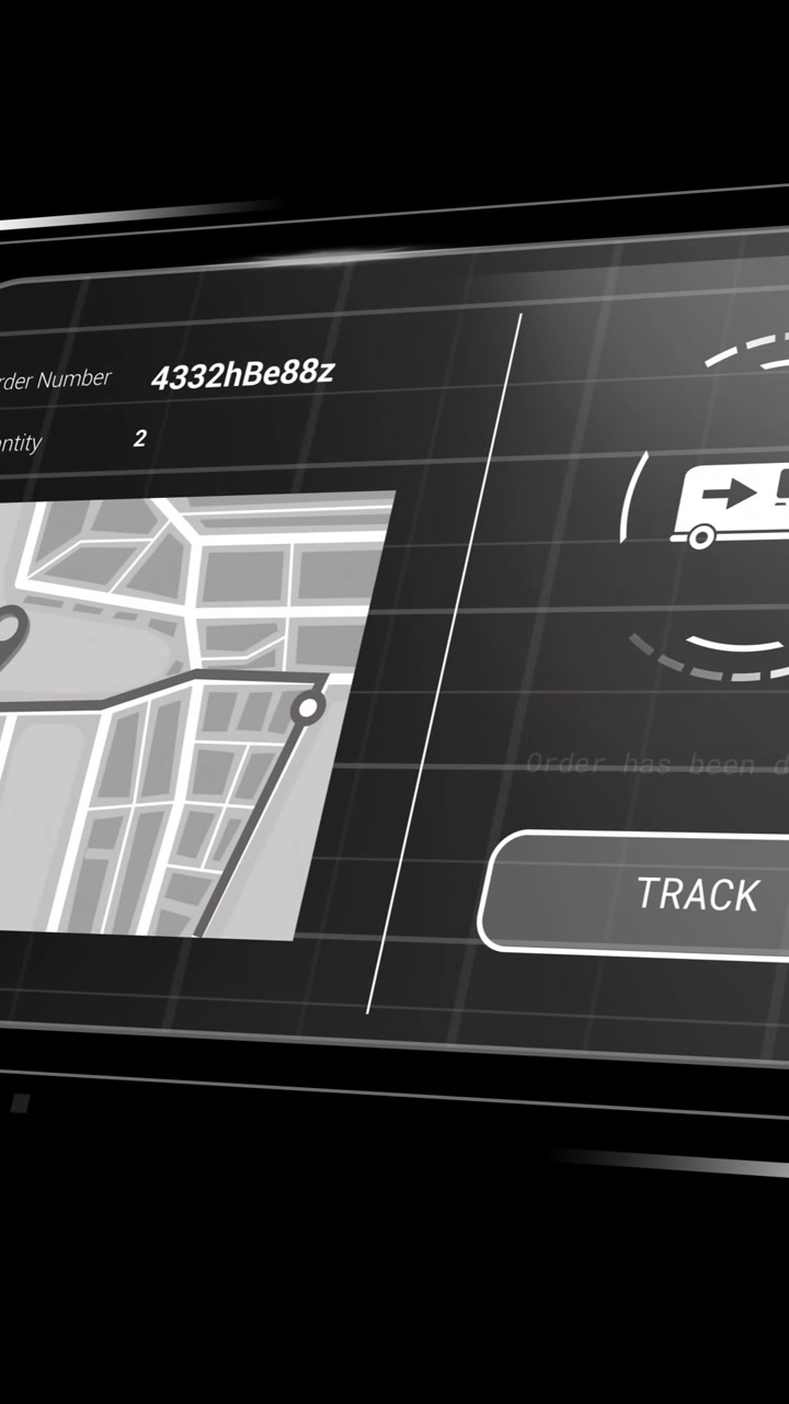 Animation of delivery screen with data and map on black background