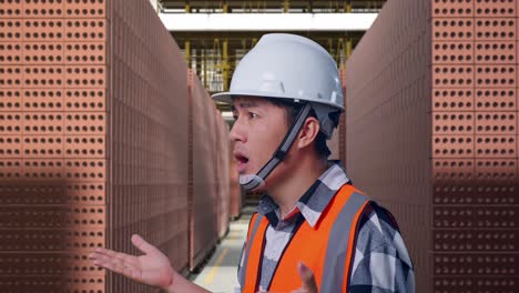 close up side view of ondering asian male engineer with safety helmet saying why working doubtfully with red brick packed in stacks are stored