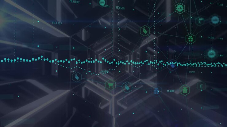 Data processing and network of digital icons over hexagonal tunnel against black background