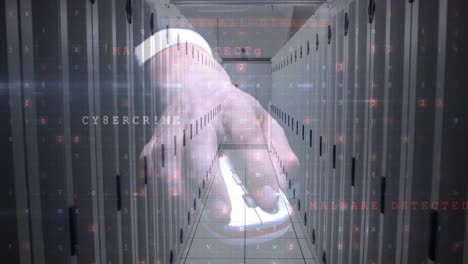 animation of data processing cyber attack warning over man using mouse and computer servers