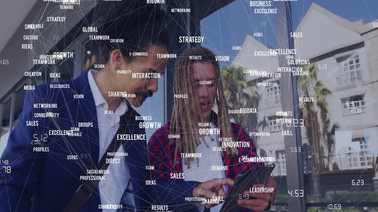 animación de la red de conexiones con iconos sobre hombres que usan tableta