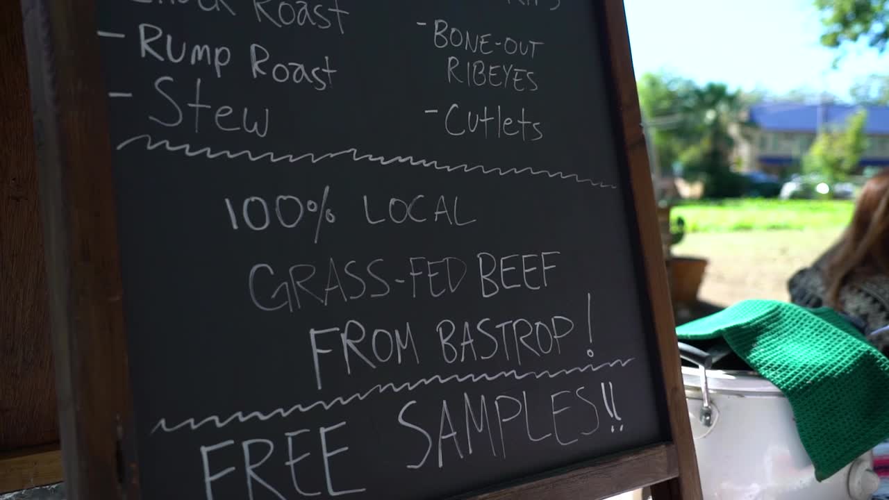 표지판에는 다양한 소고기 부위가 표시되어 있습니다.