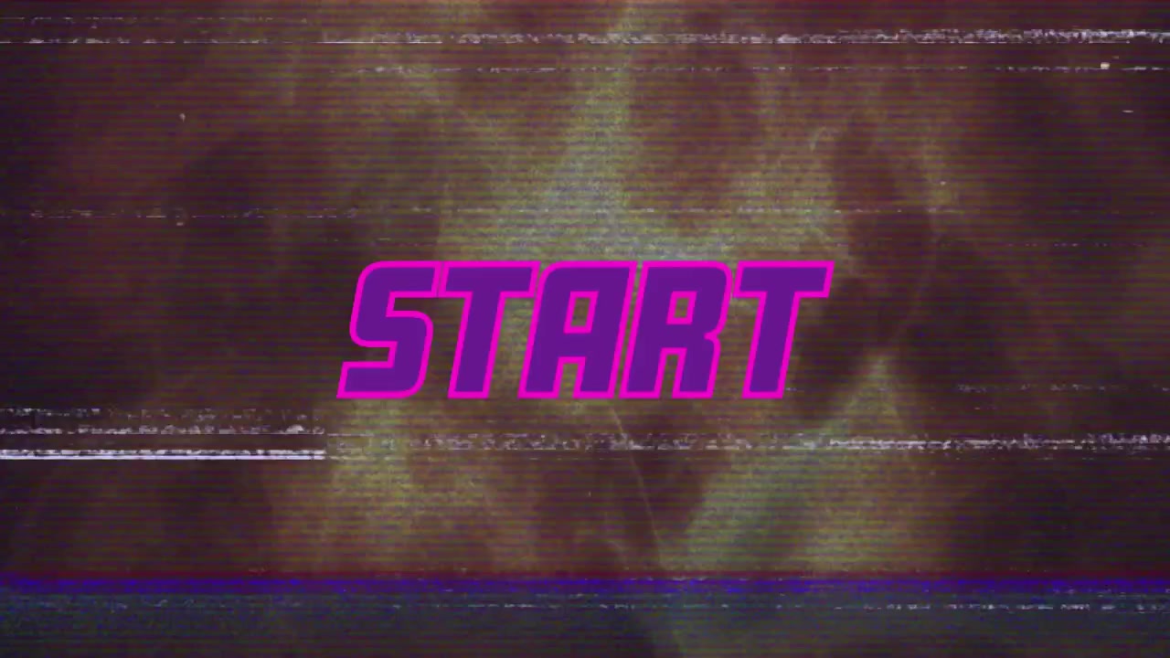 On start smoky backdrop pulsing with glitch as magenta letters fading, forming START for retro demo