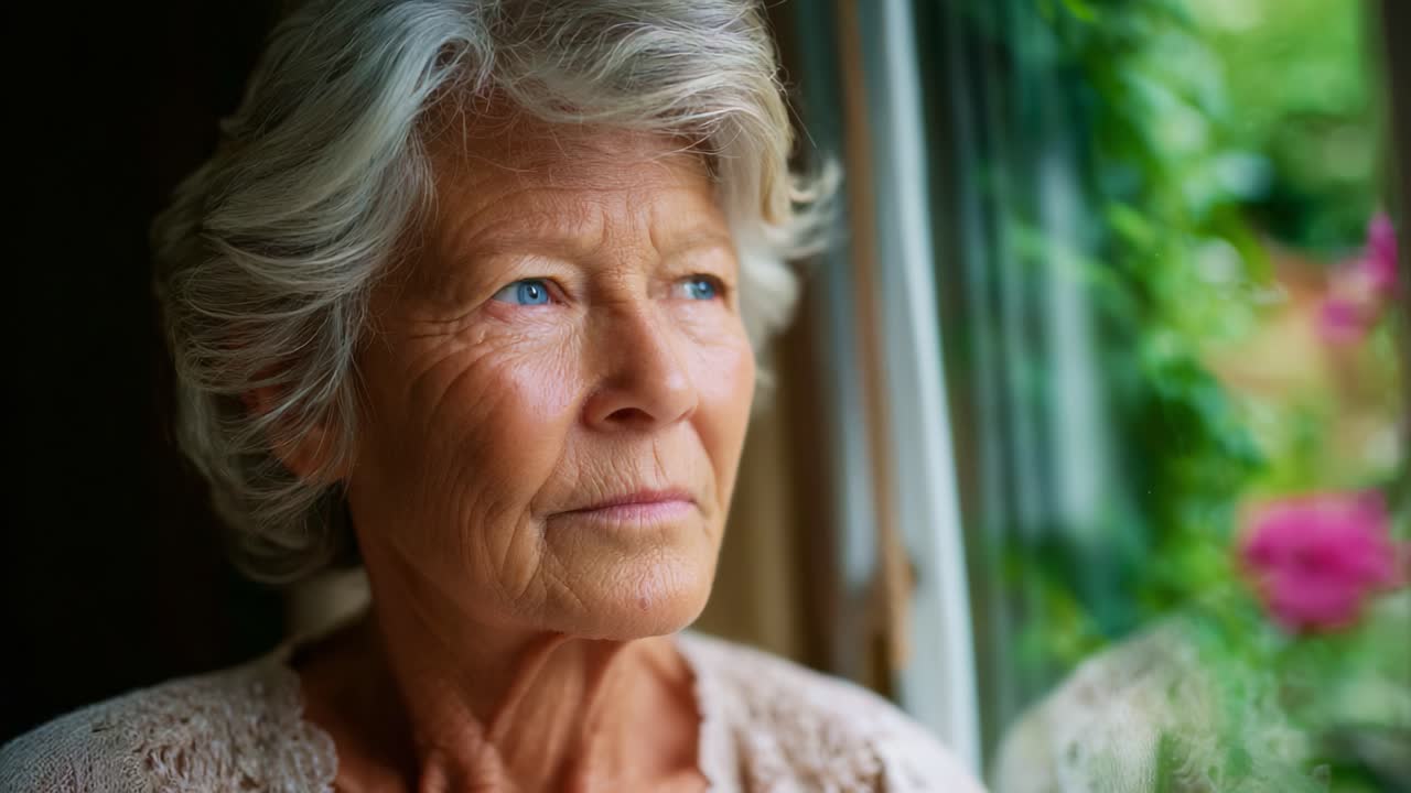 Un’anziana signora guarda pensierosa fuori dalla finestra, riflettendo sulla sua vita mentre il verde brillante all'esterno fa da sereno sfondo alla sua contemplazione.