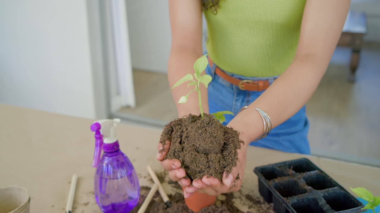 Donna afroamericana che tiene una zolla di radici e trapianta una piantina in un vaso di terracotta per far attecchire la pianta.