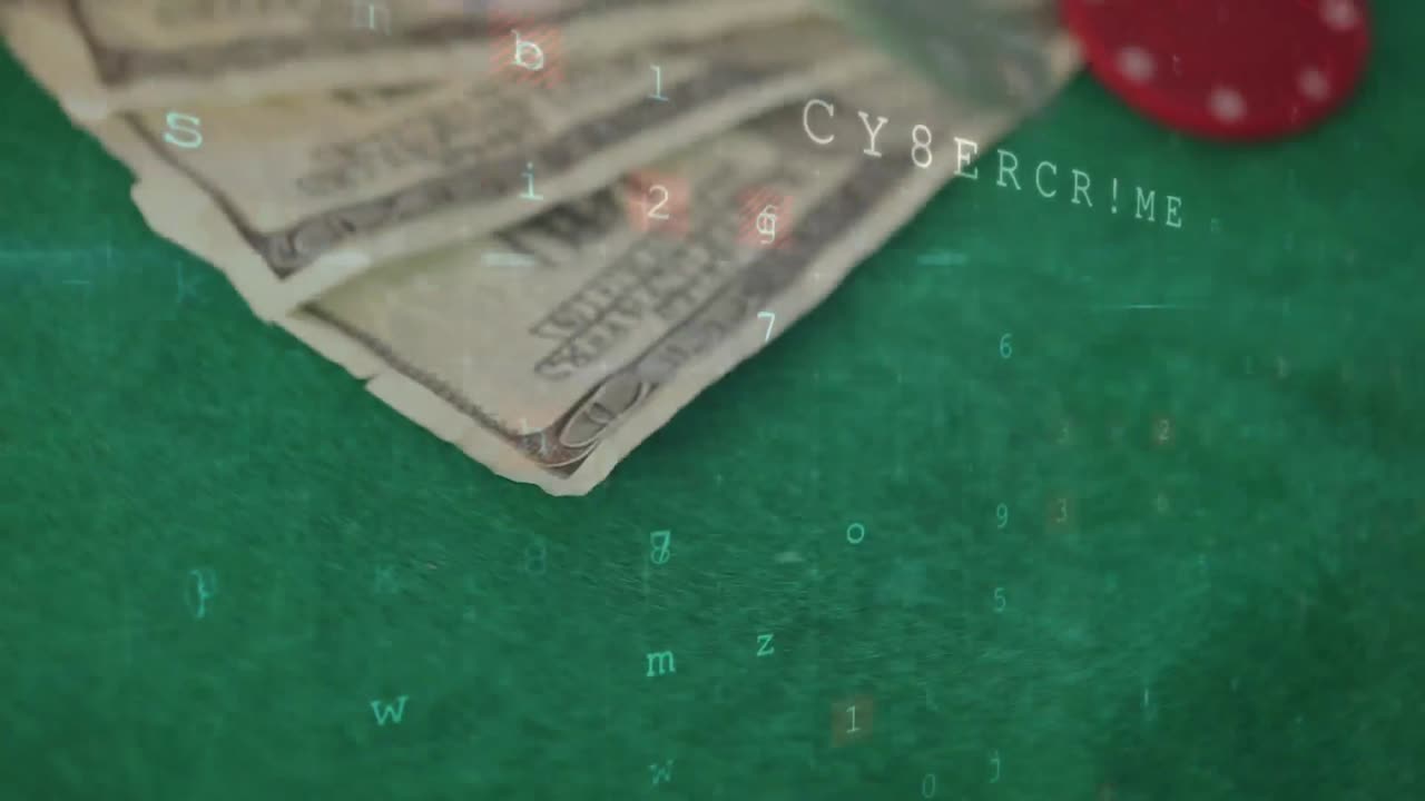 변화하는 숫자의 애니메이션과 떨어지는 달러 지폐에 대한 사이버 범죄 경보