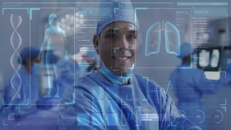 Animation-of-medical-data-processing-over-smiling-male-surgeon-in-operating-theatre