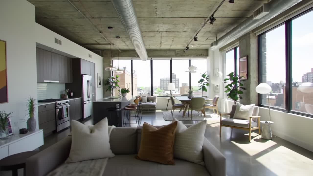 Modern Urban Living: A Stylish and Spacious Apartment with Expansive Windows Showcasing Breathtaking City Views and Contemporary Design Elements