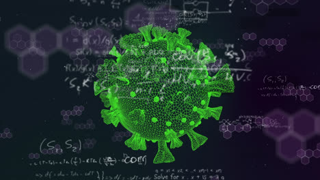 Covid-19-Zelle-Dreht-Sich-über-Chemischen-Strukturen-Und-Mathematischen-Gleichungen-Vor-Schwarzem-Hintergrund