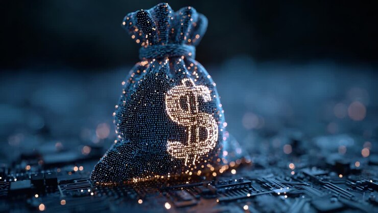Una luccicante borsa digitale di denaro che simboleggia ricchezza e prosperità su uno sfondo futuristico di motivi circuitali e luci bokeh