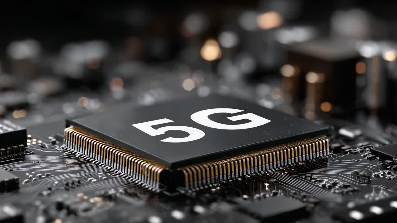 Alla scoperta della tecnologia avanzata del 5G con primi piani di un microchip all'avanguardia, che mostrano il futuro della connettività e delle comunicazioni digitali