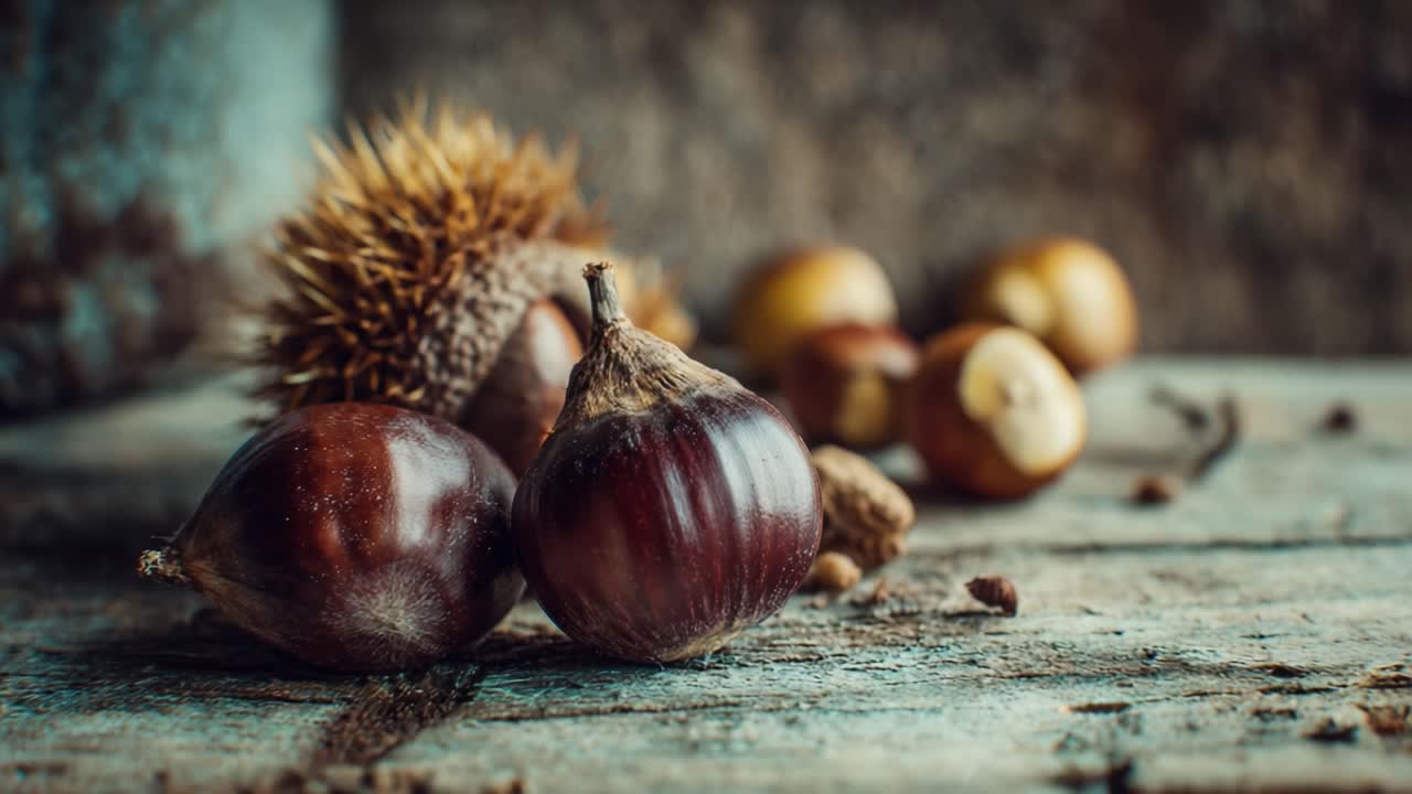 A close-up view of seasonal nuts showcasing the beauty of chestnuts and their textured surfaces, captured in natural lighting on a rustic wooden background