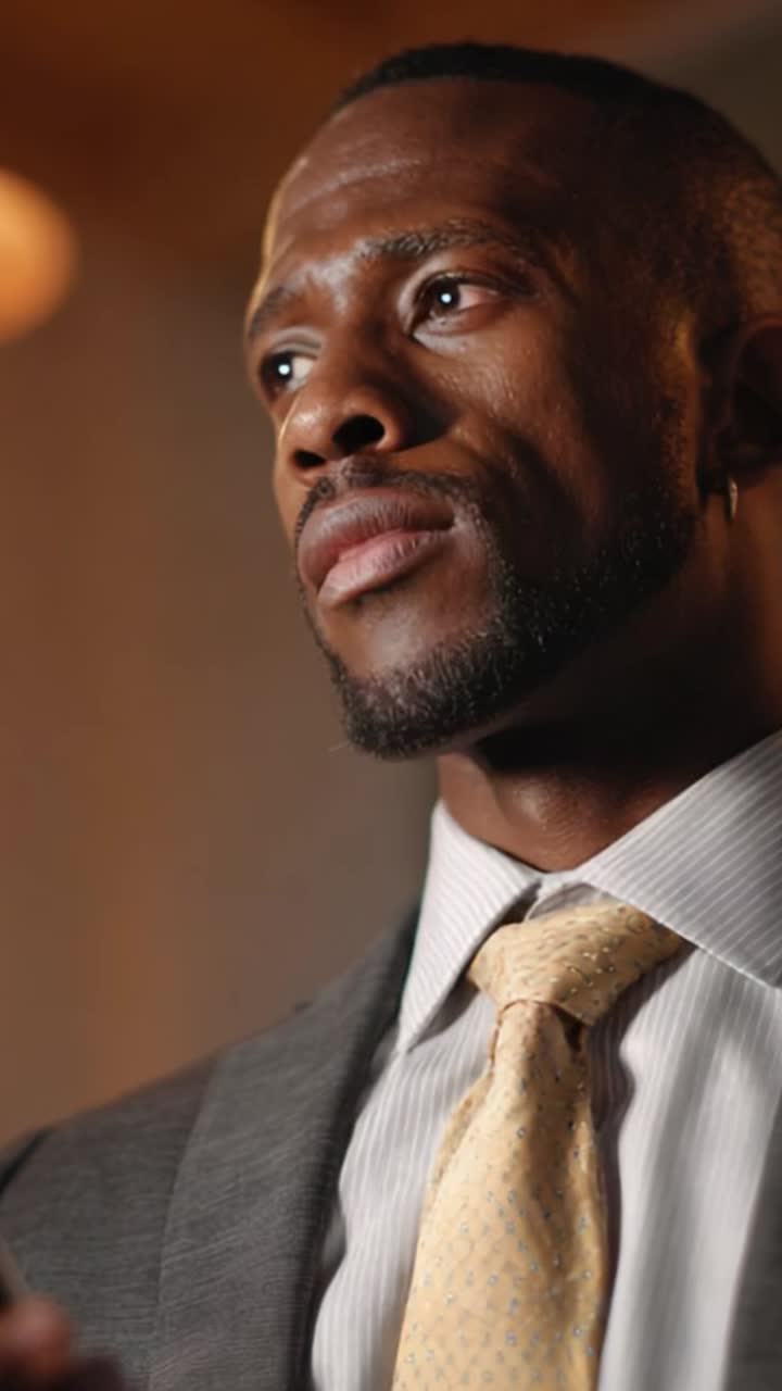 Confident Man in Tailored Suit Engaging in Deep Conversation, Emphasizing Professionalism and Charisma in a Stylish Environment with Soft Lighting