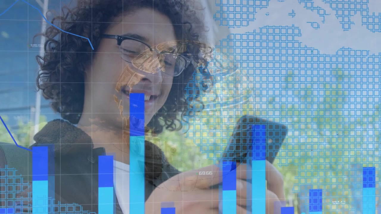 Animation of financial data processing over man using smartphone