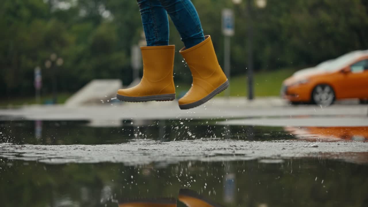 Teenage girl in orange rubber boots energetically jumps on a puddle and splashes water while walking in the park after the rain