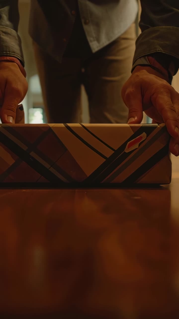 Uomo che si avvicina posizionando una scatola a strisce su una superficie di legno per la vendita al dettaglio, con una sovrapposizione animata che allinea un'etichetta.