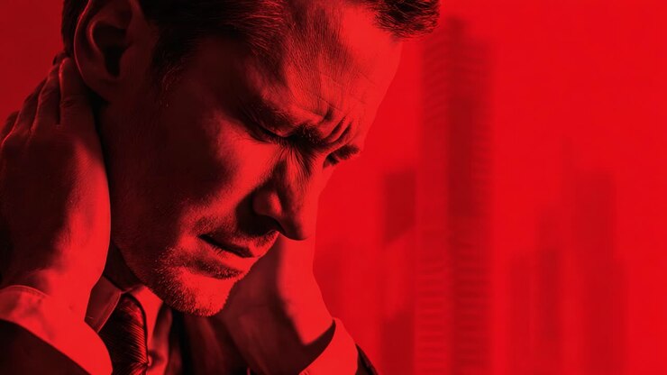 Intense Emotional Distress: A Man Gripped by Inner Turmoil and Overwhelming Feelings, Set Against a Gloomy Red Backdrop Symbolizing Struggle and Conflict