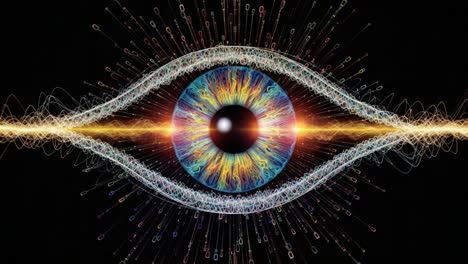 a stunning visualization of an eye with vibrant colors and dynamic energy patterns, symbolizing perception, awareness, and the mysteries of vision