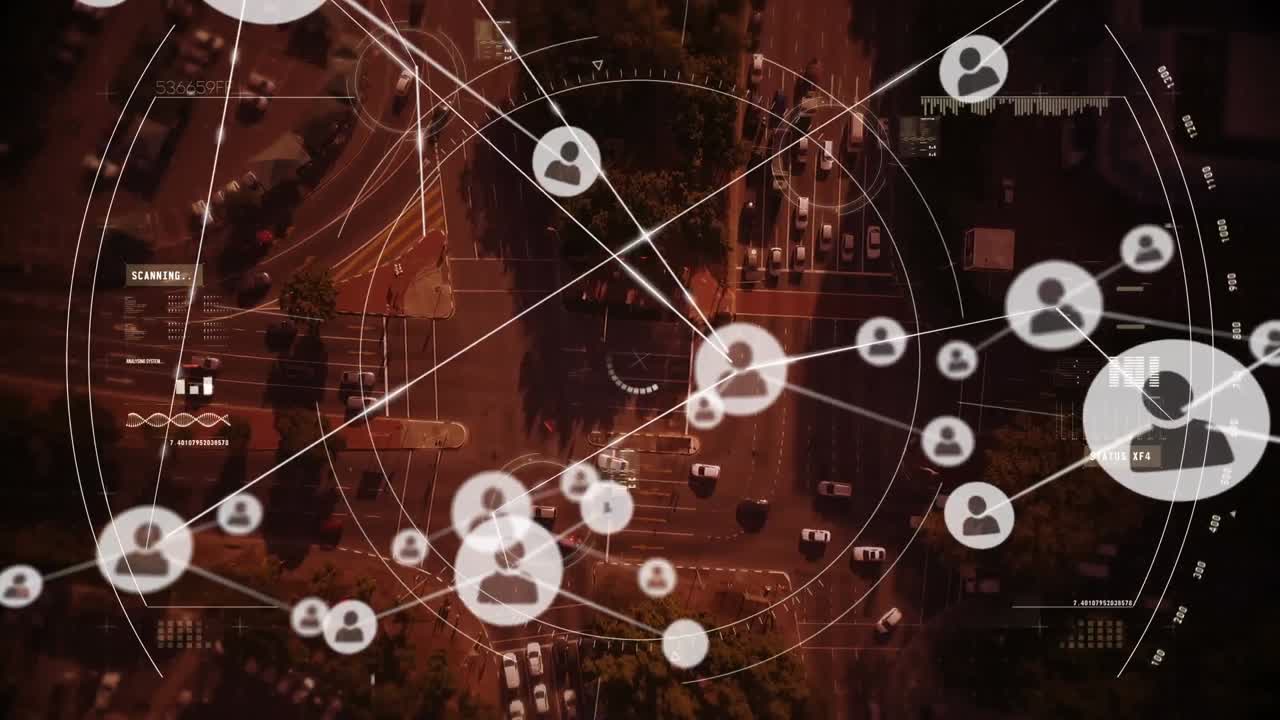 animación de la red de conexiones con iconos sobre el paisaje urbano