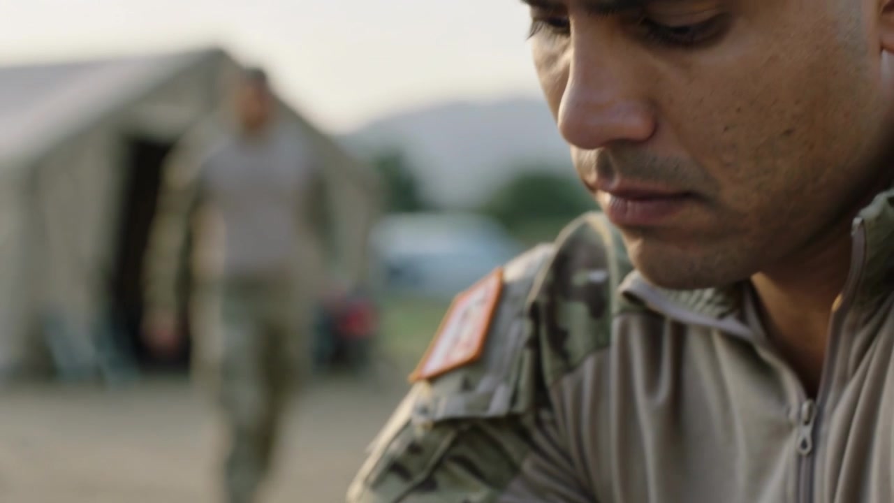 Soldado camuflado tomando notas en el campamento después de hacer una pausa con un bolígrafo y un cuaderno, espacio para texto.