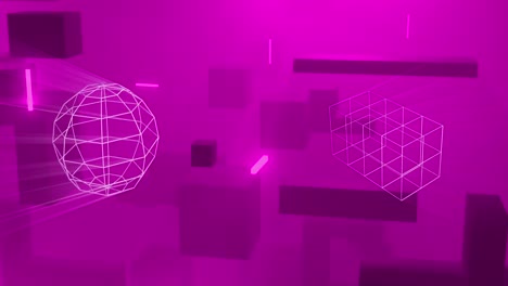 Animation-of-sphere,-light-trails-and-abstract-shapes-moving-on-pink-background