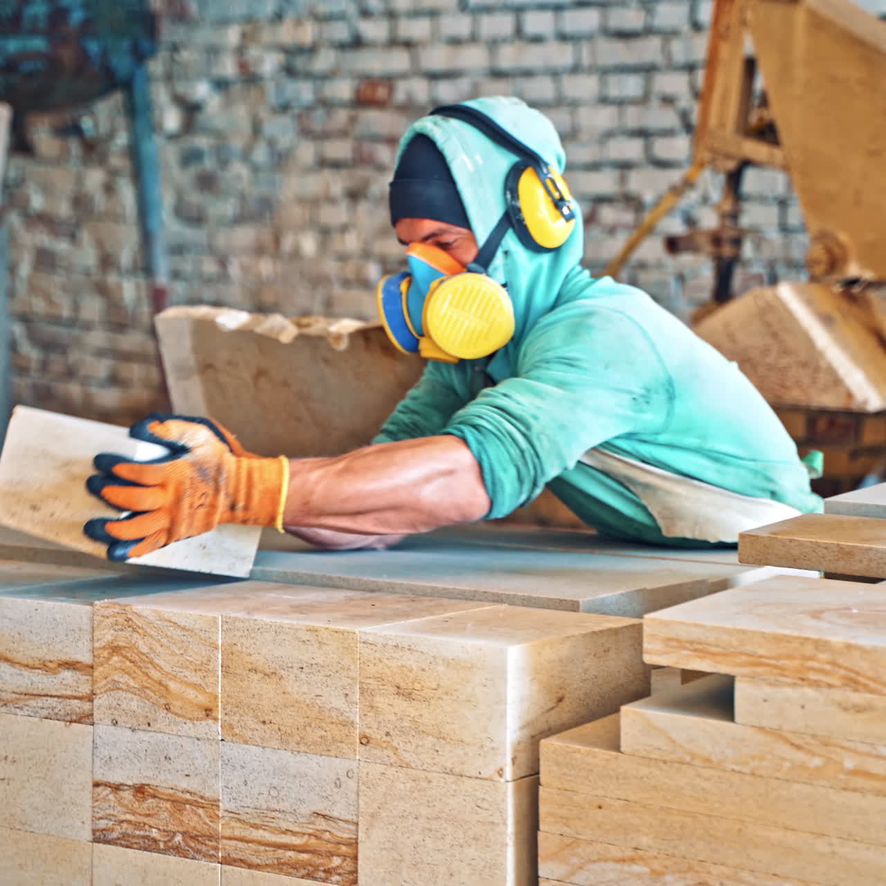Worker in protective uniform and mask takes stone and measures it with a ruler in factory. Young man measuring pieces of stones on the industrial plant background.