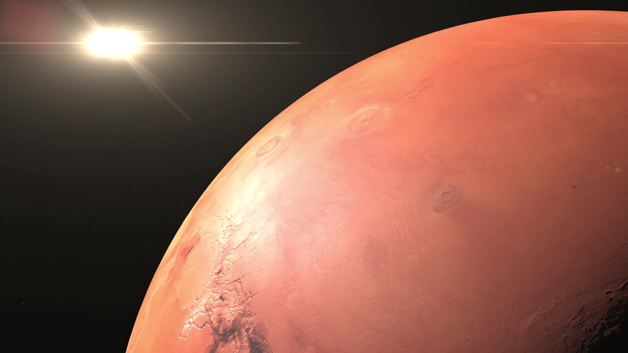 Close-up of Mars planet rotating and the sun in distance