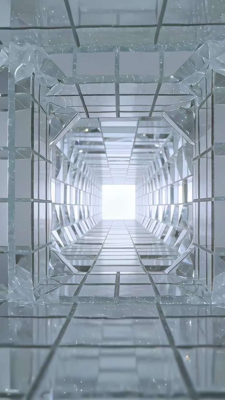 Video verticale: Telecamera in movimento che scivola attraverso un tunnel a griglia specchiata verso un'uscita bianca