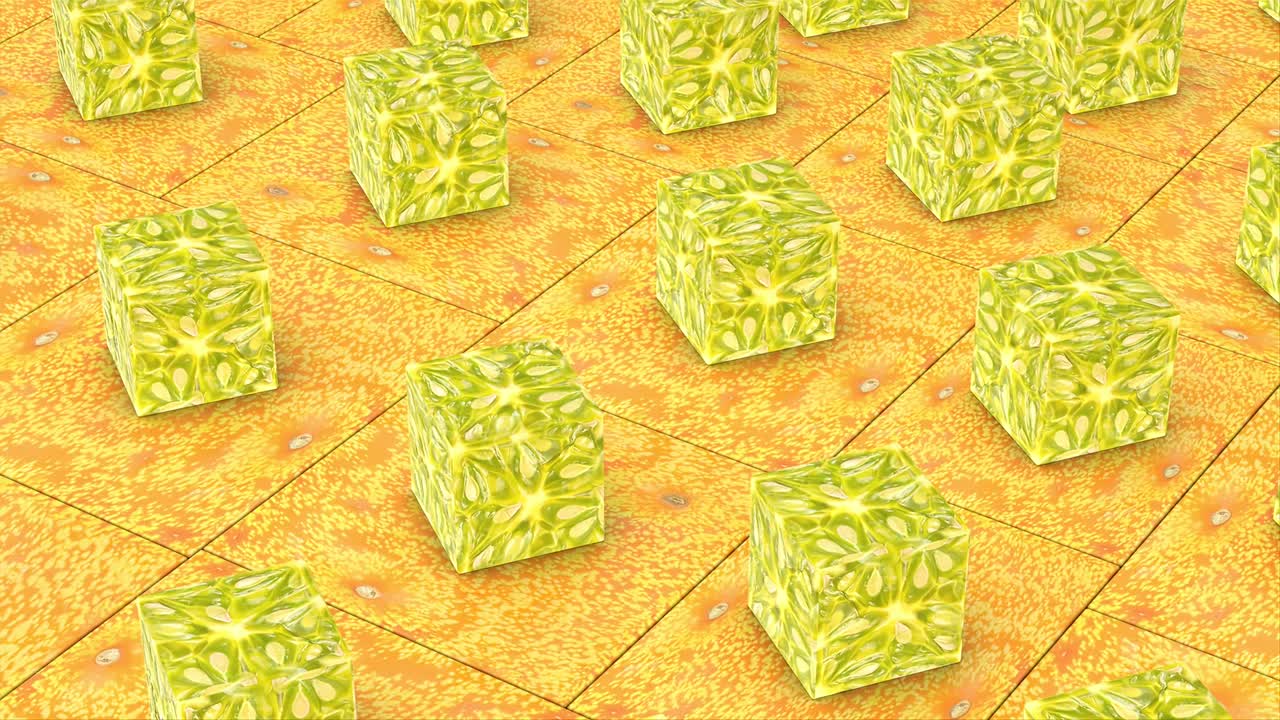 Ripe sweet healthy organic orange kiwano or horned melon 3d render animated abstract background, cucumis metuliferus tropical food and juicy jelly exotic fruit seamless looping 4k animation