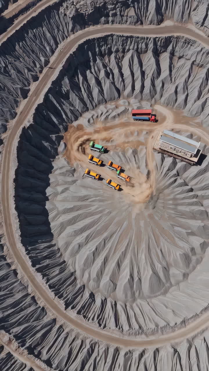 Aerial view of an open-pit quarry with mining trucks