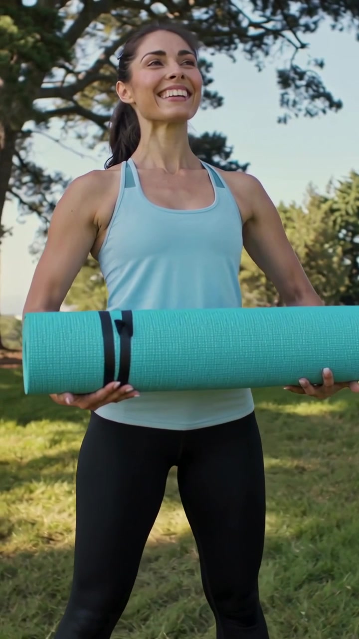 Vertikal video: En kvinde i tanktop justerer grebet på en måtte med en strop i en park, mens hun forbereder sig på yoga.